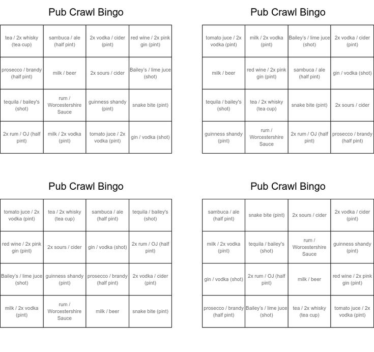 four rows of pub crawl game cards with the names and numbers on them, all in black