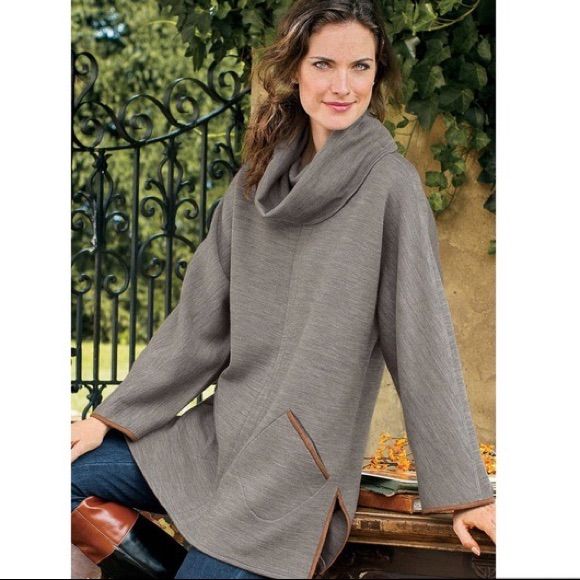 Brand New With Tags Soft Surroundings Gray Knit Turtleneck Tunic Sweater. Brown Trim. Front Pockets. Wool, Acrylic And Polyester. True To Size. Gtd/Kf Tunic Dress With Leggings, Cowl Pullover, Turtleneck Tunic Sweater, Cozy Pullover, Cardigan Sweaters For Women, Sweater Pullover, Soft Surroundings, Fashion Over 50, Comfy Outfits