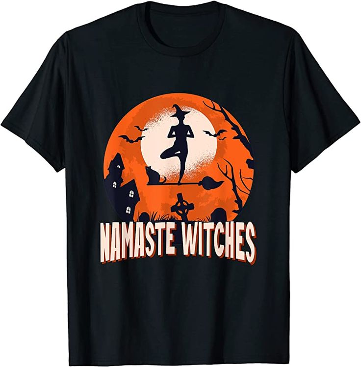 Halloween Namaste Witches Yoga T Shirt Shipping from the US. Easy 30 day return policy, 100% cotton, Double-needle neck, sleeves and hem; Roomy Unisex Fit. Witch Yoga, Yoga Halloween, Halloween Yoga, Couple Halloween Costumes For Adults, Witches Halloween, Spooky Witch, Funny Yoga, Witch Gift, Halloween Men