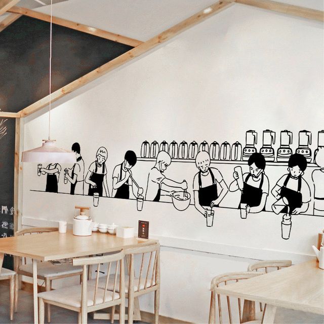 a wall mural depicting people working in a restaurant