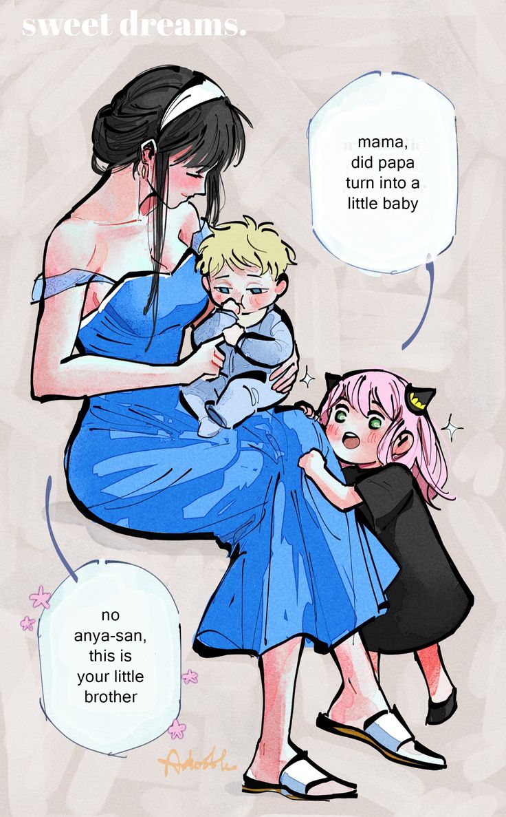 a drawing of a woman holding a baby and an adult with speech bubbles above her