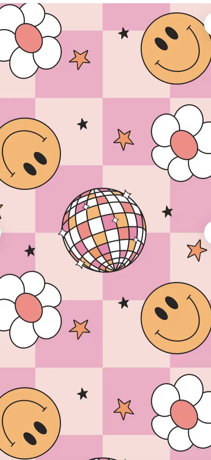 an image of a pattern with flowers and smiley faces on pink checkerboard background