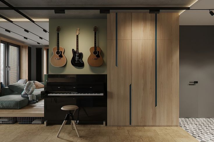 a living room with guitars on the wall and a piano in front of a couch