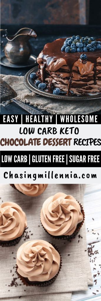 three chocolate desserts with frosting on top and the words easy healthy wholesome low carb keto chocolate dessert recipes low carb gluten free sugar free