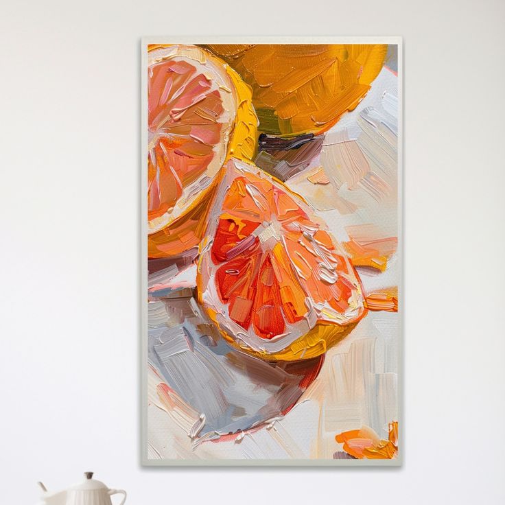 an abstract painting of oranges on a white wall