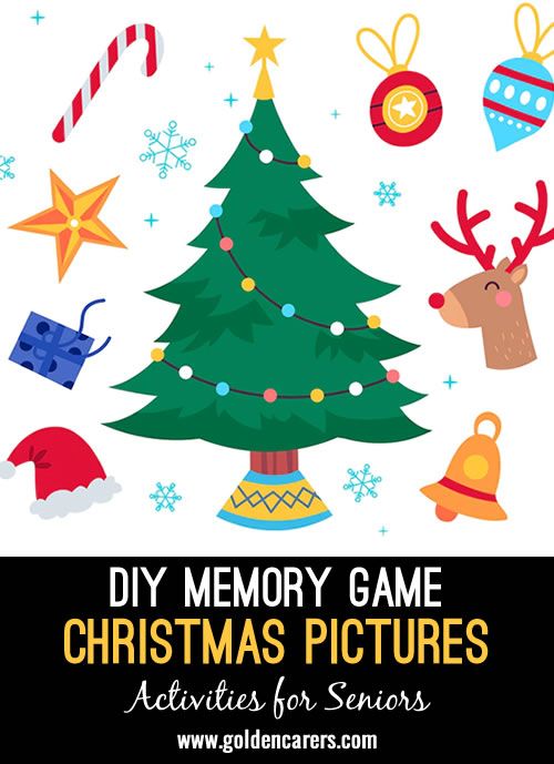 a christmas tree and other holiday decorations with the words, diy memory game christmas pictures activities for seniors