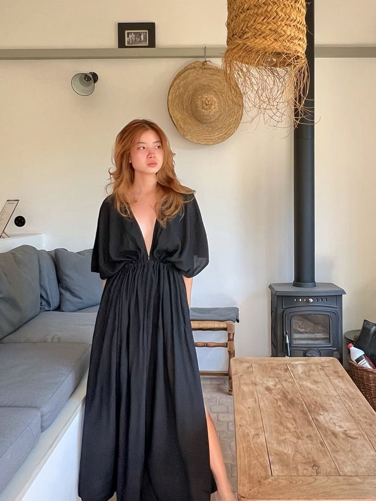 Switch to vacay mode anytime with the Goddess - Black Kaftan Maxi Dress. This undeniably sexy, breezy maxi dress will have you dreaming of the wind in your hair, the sound of the ocean waves, and the sand under your feet. Experience blissful comfort and breathability whether you’re at home or on vacay with the gorgeous flowy long dress and laid-back loose fit. Crafted in 100% soft, lightweight rayon, this dress features flawless tie-dye patterns and is perfect for tropical beachside vacations, h Fitted V-neck Breezy Maxi Dress, Beachwear V-neck Maxi Dress For Date Night, Goddess Dress Pattern, Floor-length Dress For Brunch During Beach Season, Beach Season Floor-length Maxi Dress For Brunch, Floor-length Maxi Dress For Brunch During Beach Season, Beach Season Brunch Maxi Dress, Floor-length, Flowy V-neck Midi Dress For Beach Cover-up, Breezy V-neck Maxi Dress For Day Out