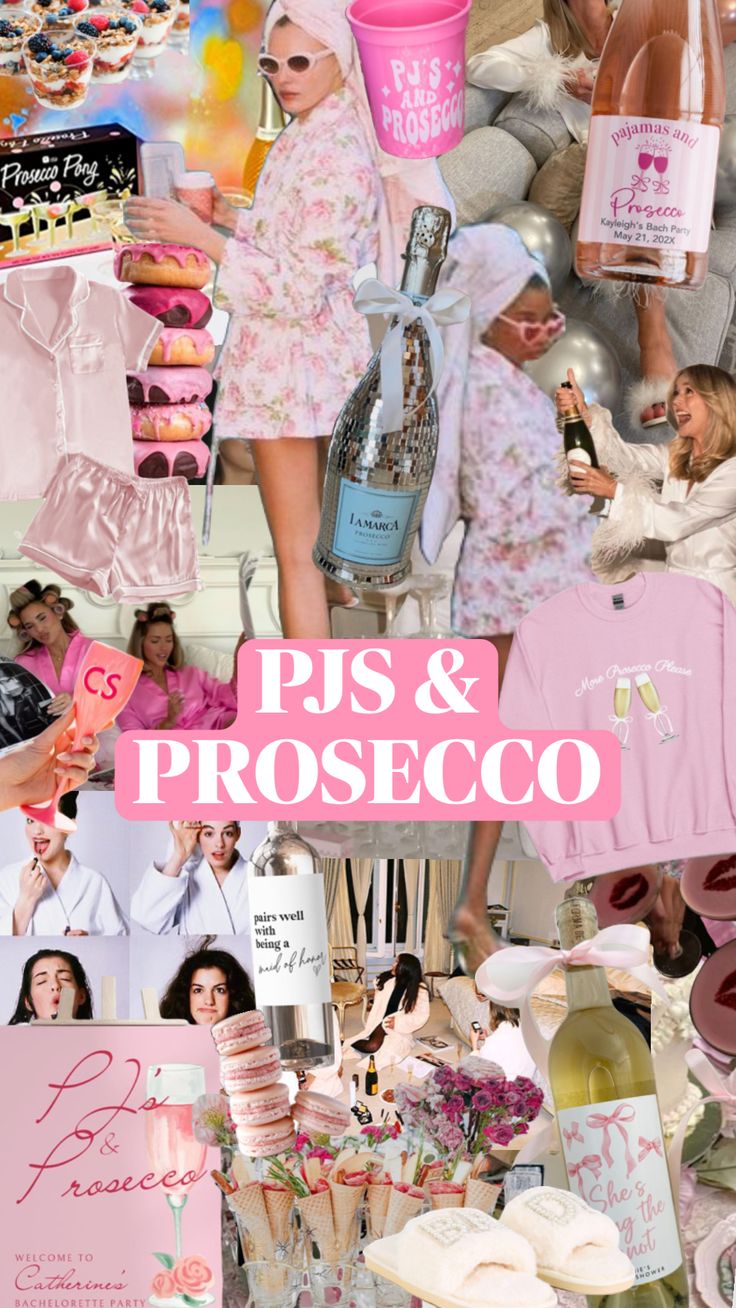 a collage of photos with pink and white items on them, including cake, cupcakes, wine bottles, and more