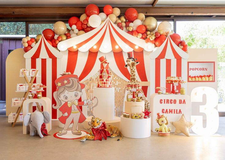 a circus themed birthday party with balloons and decorations