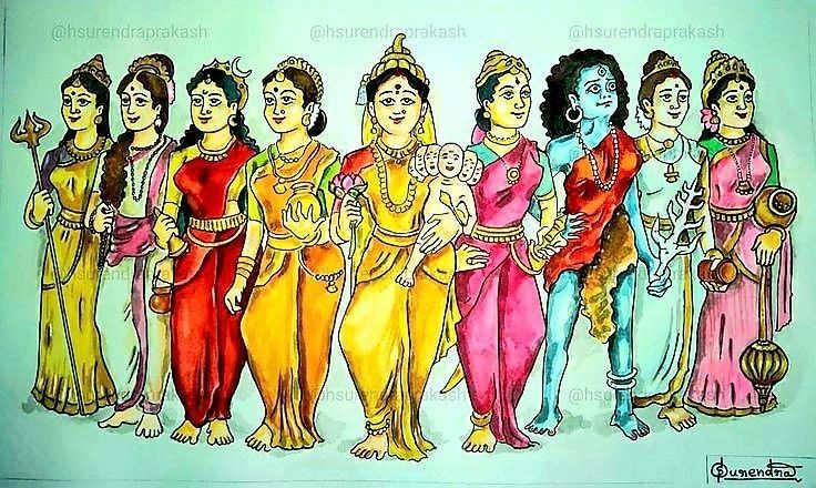 Nava Durga Drawing, Nava Durga, Navratri Devi Images, Goddess Kali Images, Indian Illustration, Durga Painting, Boho Art Drawings, Shakti Goddess, Durga Images