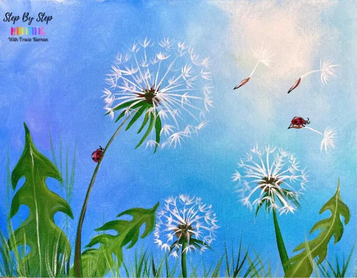 a painting of dandelions and birds flying in the sky