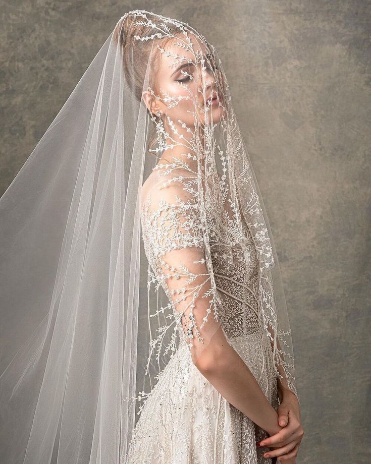 a woman in a wedding dress with a veil on her head