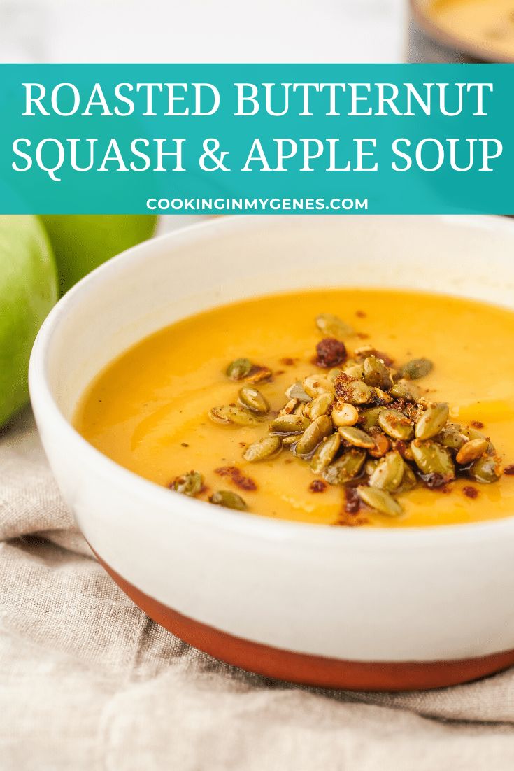 roasted butternut squash and apple soup in a white bowl