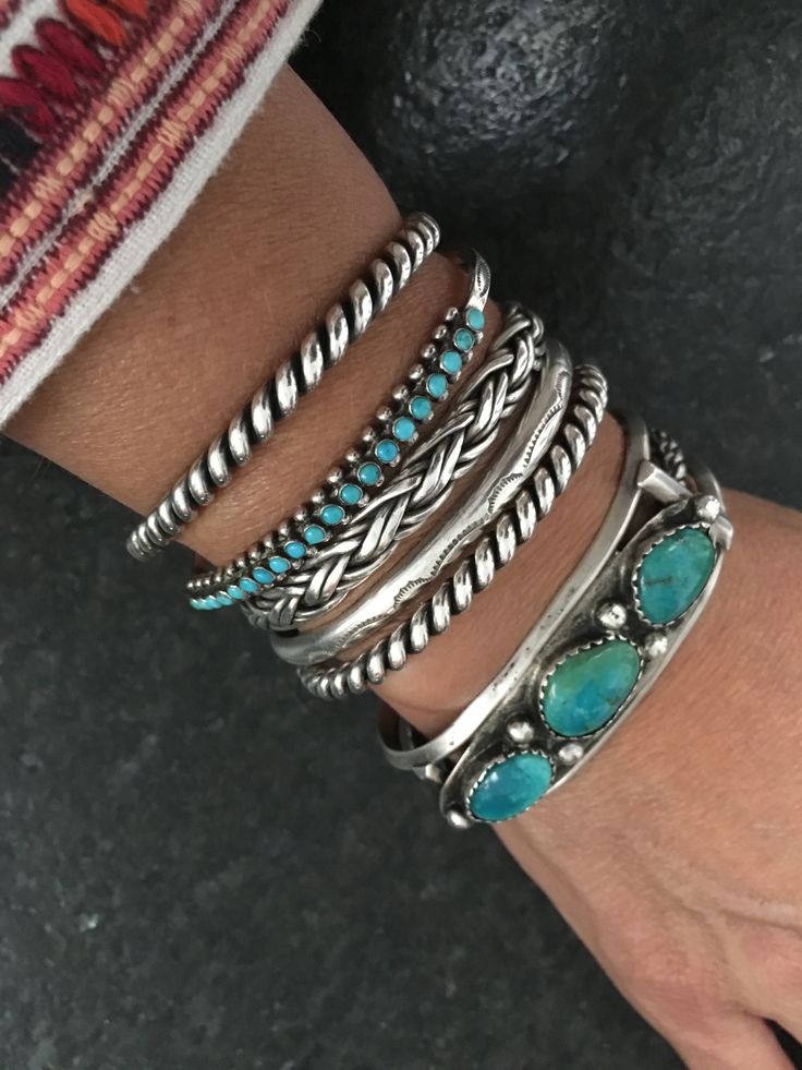 Turquoise Jewelry Styling, Turquoise Bracelet Stack, Black Dress Turquoise Jewelry, Western Stackable Bracelets, Turquoise Earring Stack, Turquoise And Silver Jewelry, Western Bracelet Stack, Western Silver Jewelry, Silver And Turquoise Jewelry