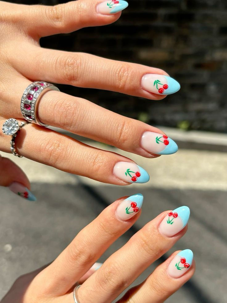 Blueberry And Cherry Nails, Red And Blue Cherry Nails, Easy Cherry Nails, Blue Nails With Cherries, Cherries On Nails, Summer Cherry Nails, Blue Cherry Nails, Cherry Design Nails, Sabrina Nails