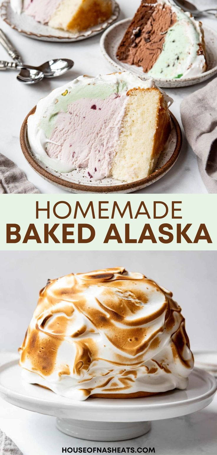 homemade baked alaska cake on a white plate with text overlay that says homemade baked alaska