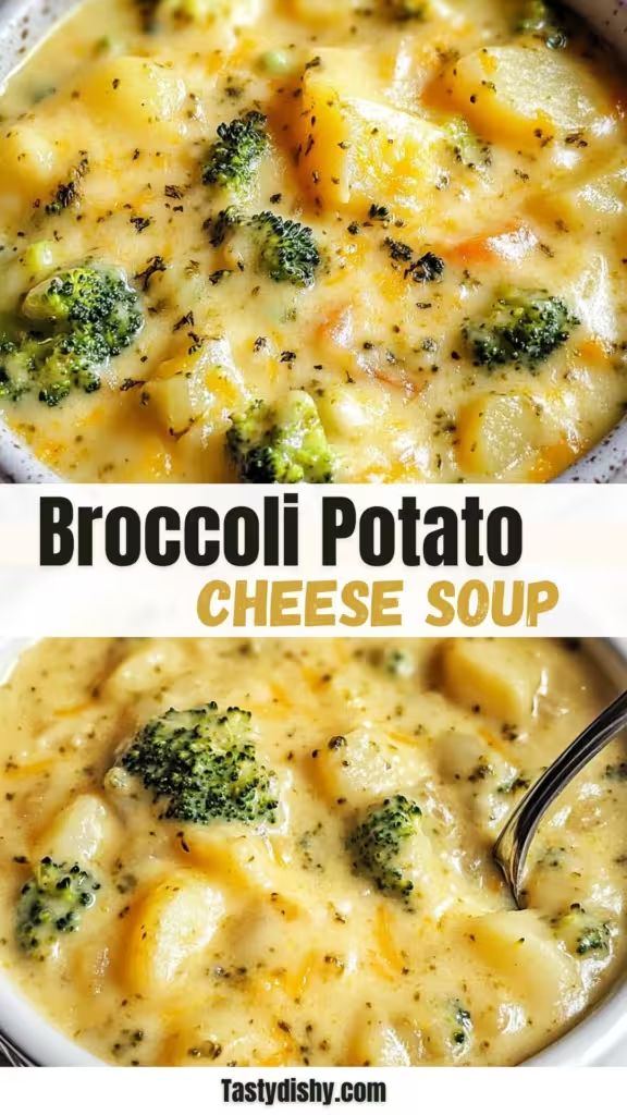 broccoli potato cheese soup in a white bowl