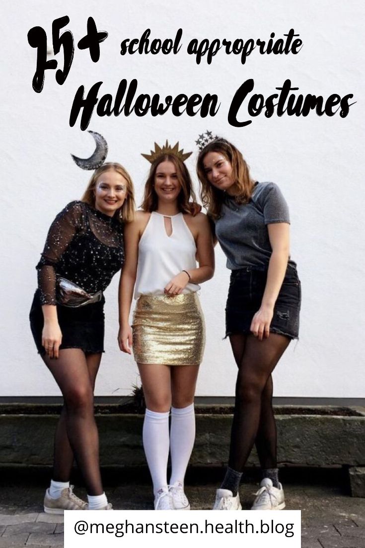 three girls dressed up in costumes with text overlay that reads, 15 + school appropriate halloween costumes