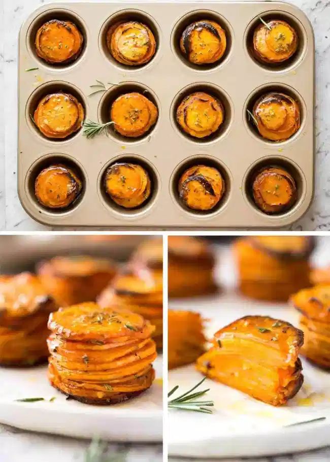 baked sweet potato cups in a muffin tin with rosemary sprigs on top