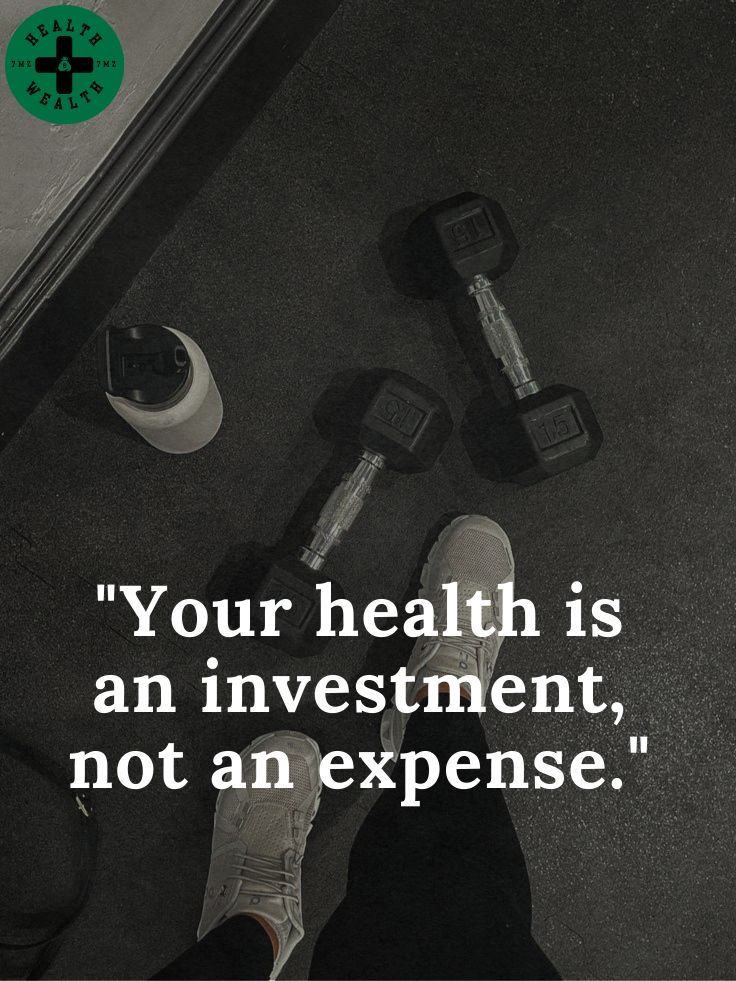 a person standing next to two dumbbells with a quote about health is an investment, not an expense