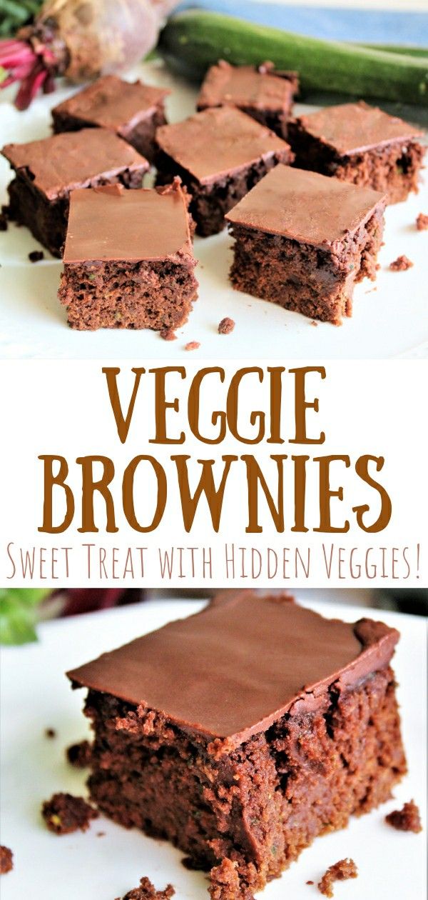 A pin for veggie brownies. The top photo shows several brownies served (with zucchini and beets hiding in the background of the photo). The bottom photo shows a closeup of a veggie brownie. Vegetable Cakes Recipes, Hidden Veggie Kids Recipes, Hidden Vegetable Desserts, Brownies With Hidden Veggies, Hidden Veggie Brownies, Hidden Veggie Cookies, Hidden Veggie Desserts, Easy Hidden Veggie Recipes, Sneaky Vegetable Recipes Kids