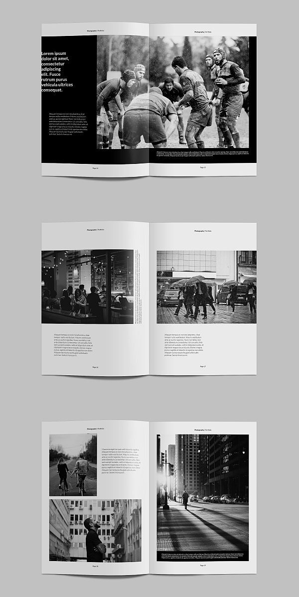 an open book with black and white photos on the pages, showing people walking down the street