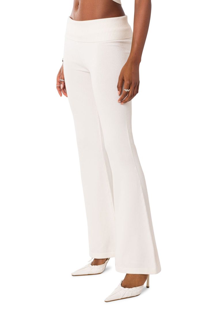 A fold-over ribbed waistband creates the low-rise silhouette of these perfectly flared knit pants. 100% acrylic Hand wash, dry flat Imported Elegant Stretch Ribbed Pants, Stretch Ribbed Wide Leg Pants Full Length, Chic Ribbed Elastane Bottoms, Elegant Ribbed Wide-leg Pants, Spring Ribbed Elastane Pants, Elegant Ribbed Bottoms, Elegant Fitted Bottoms With Ribbed Waistband, Elegant Ribbed Stretch Bottoms, Elegant Ribbed Spring Pants