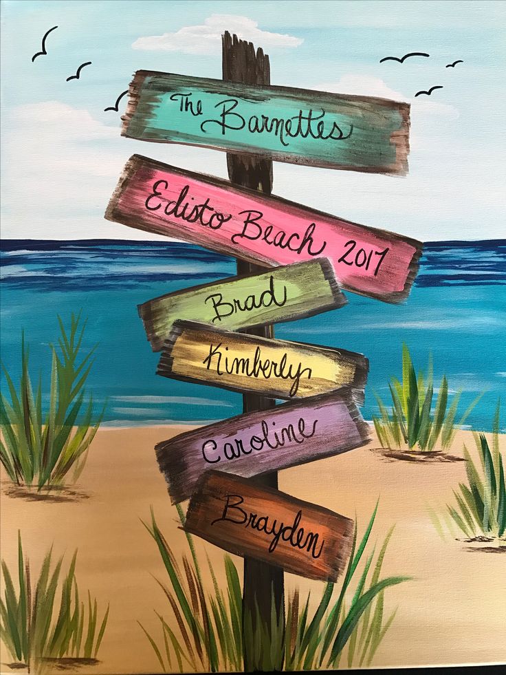 a painting of a beach sign with the names of different towns and destinations on it