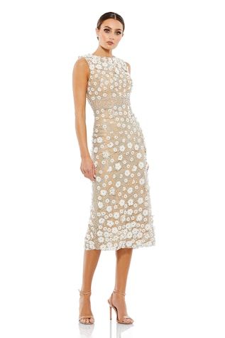 Ivory polyester midi dress with 3D flowers, beads and pearls hand embroidery. - Aza Fashions Mog Dresses, Midi Gowns, Floral Dress Formal, Classy Dresses, Bride Fashion, Short Party Dress, Mob Dresses, Sleeveless Midi Dress, Midi Sheath Dress