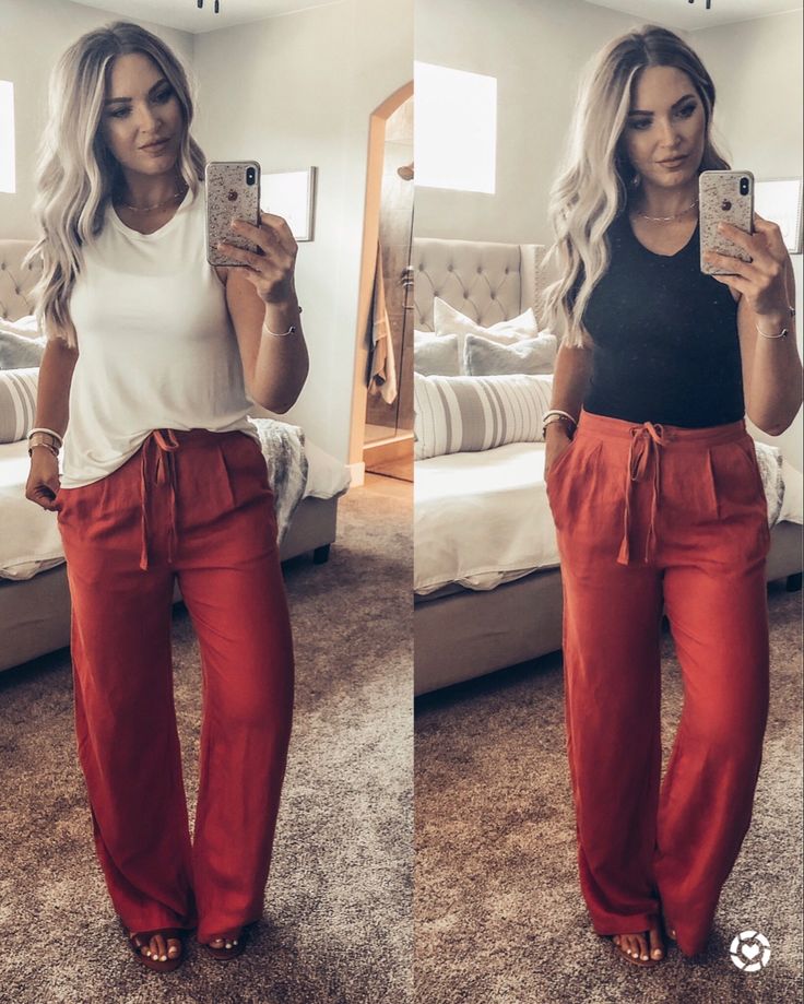 Rust Pants Outfit Summer, Rose Color Pants Outfits, Spring Professional Outfits Women 2023, Linen Pants Outfit Teacher, Coral Linen Pants Outfit, Spring Outfits With Pants, Comfy Business Casual Outfits Work, Linen Pants Outfits For Women, Womens Summer Fashion 2023 Casual