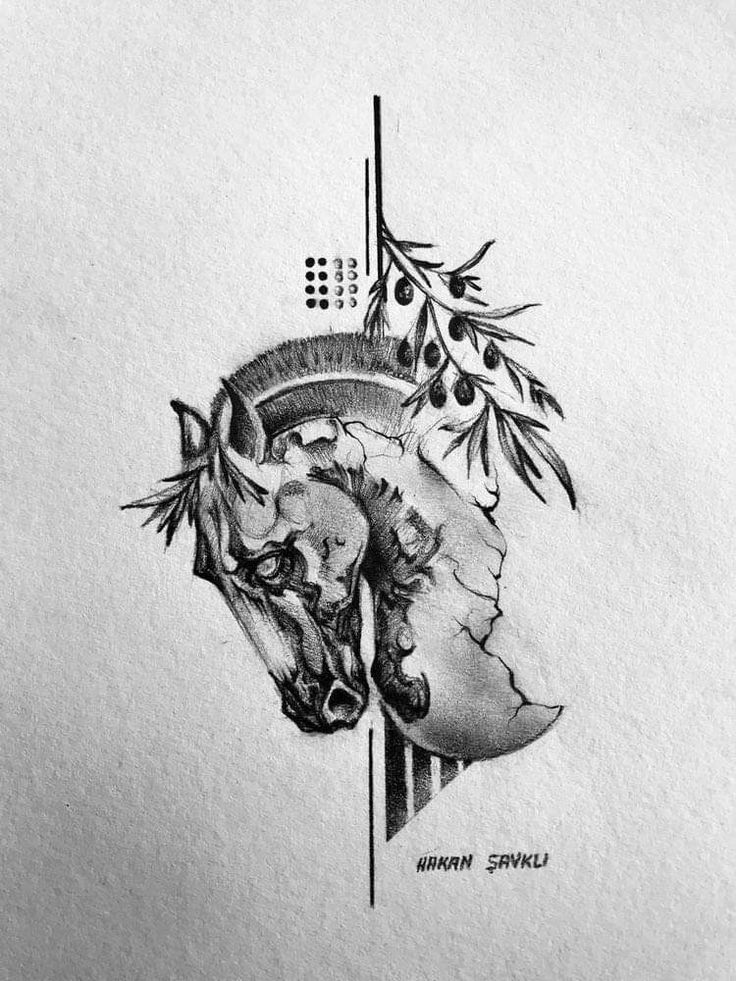 an ink drawing of a horse's head with leaves and branches on the side