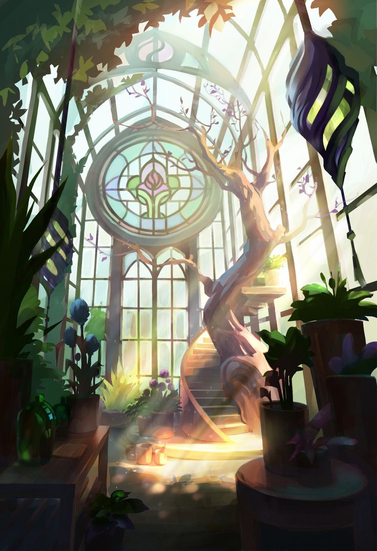 the inside of a building with plants in it and a spiral staircase leading up to an open window