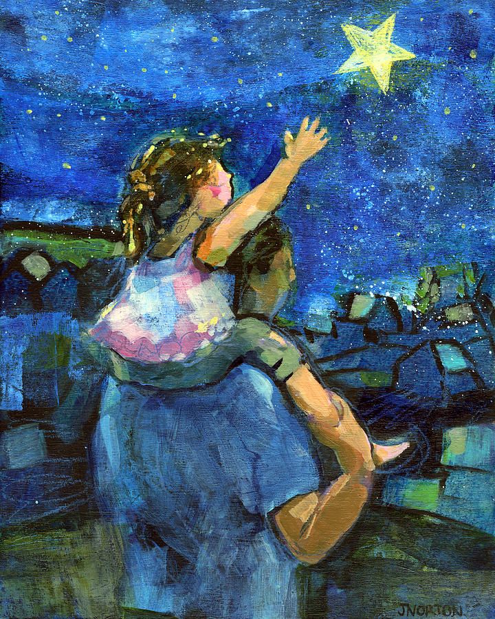 a painting of a woman holding a child in her arms and the stars above her