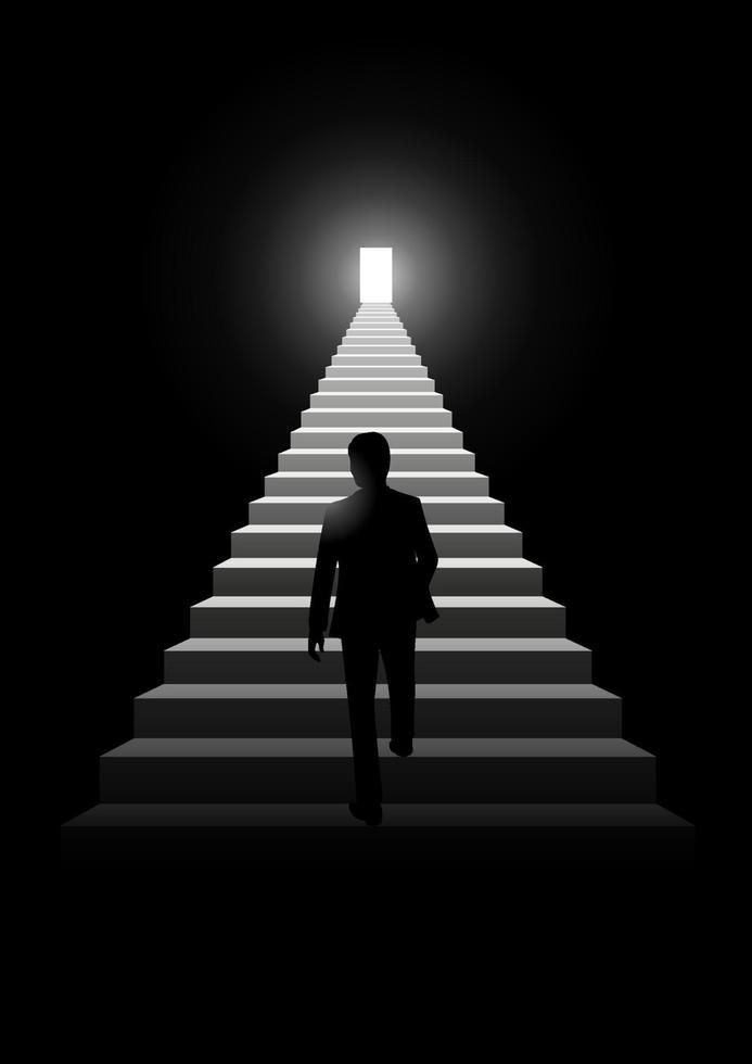 a man walking up stairs to the light at the end