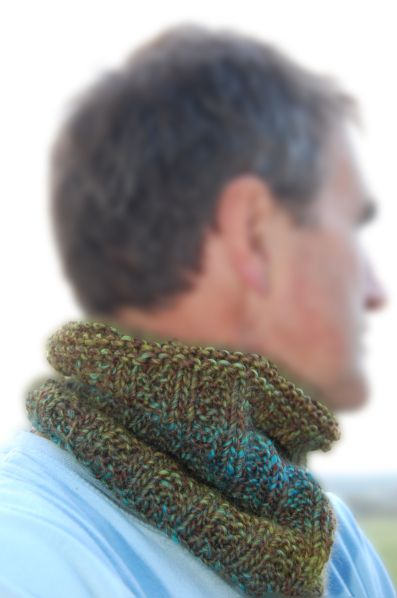 a man wearing a green and brown knitted cowl neckwarf in front of his face