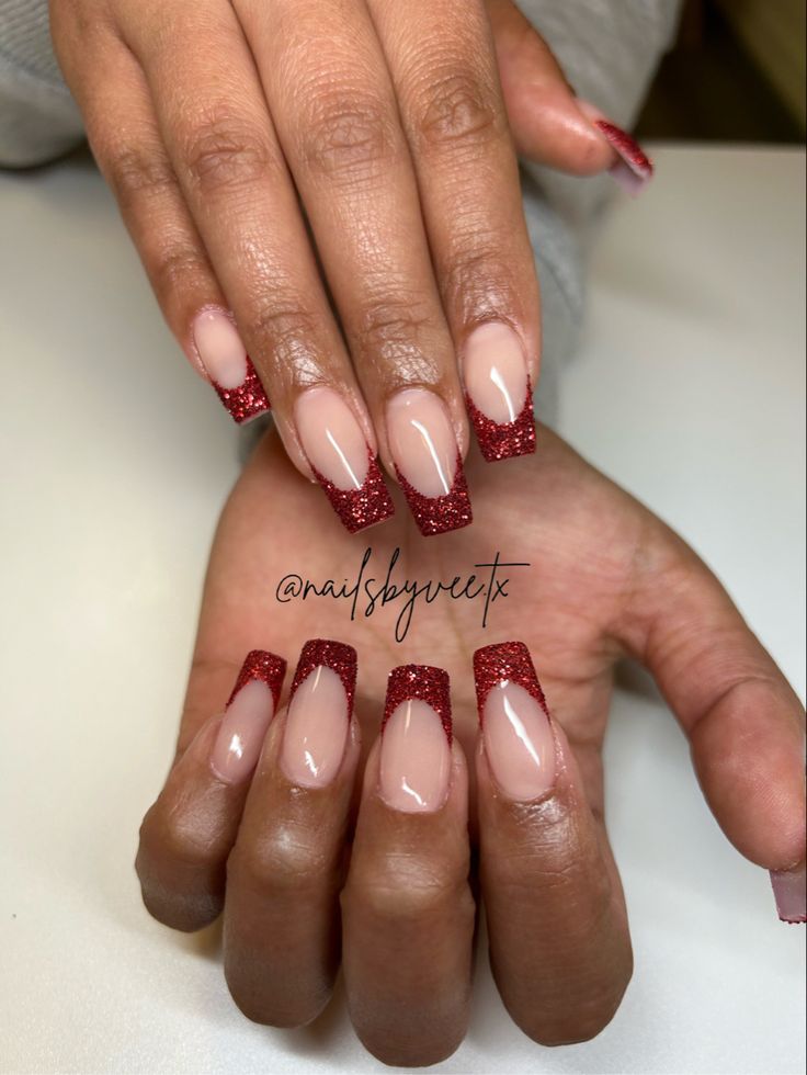 Formal Nails Red Dress, Nails For Dress Red, Sparkly Burgundy French Tip Nails, Nails To Go With Dark Red Dress, Dark Red Glitter Nails Acrylic, Dark Red French Tip Acrylic Nails, Prom Nails For Burgundy Dress, Dark Red Glitter French Tip Nails, Prom Nails Burgundy Dress