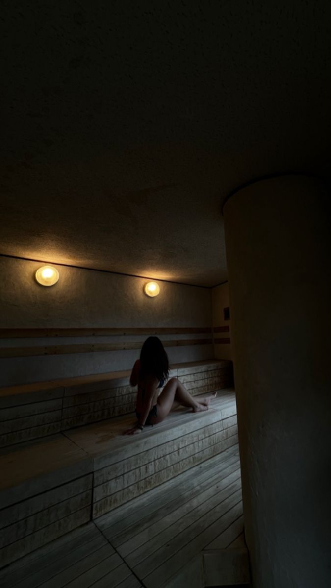 a woman sitting in the middle of a sauna with lights on above her head