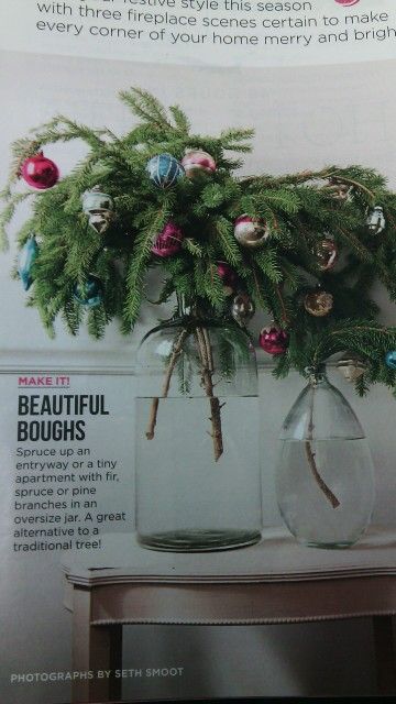 an advertisement for christmas ornaments in a vase with pine branches and baubles on it