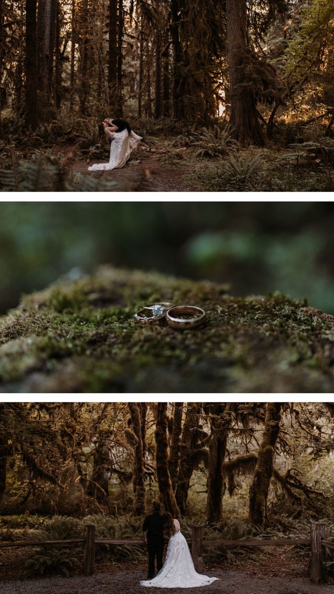 the bride and groom are standing in the woods