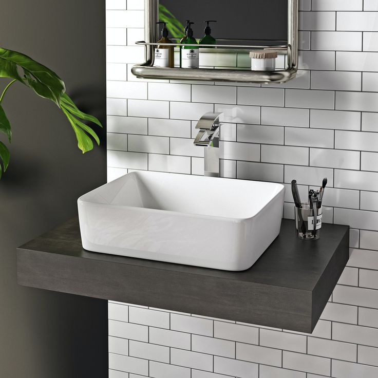 a bathroom sink sitting on top of a counter next to a green leafy plant