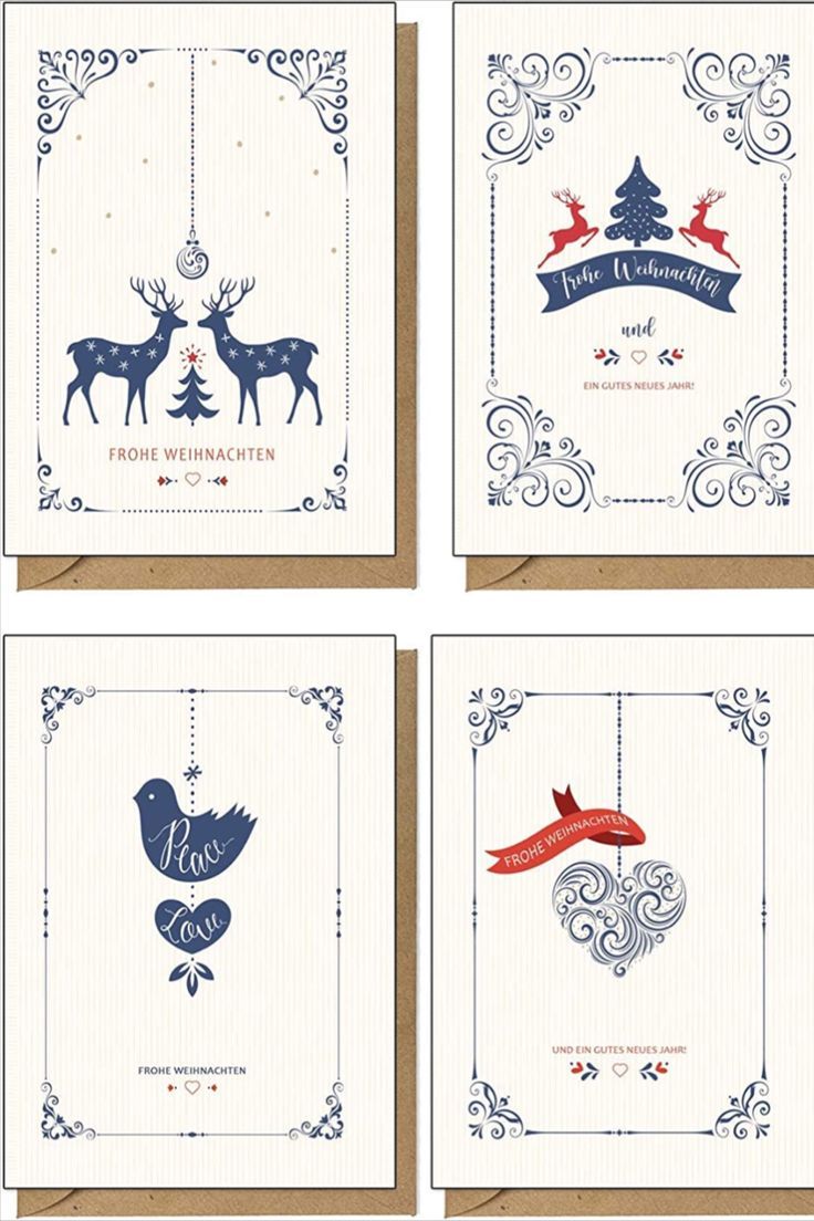 four christmas cards with reindeer and birds