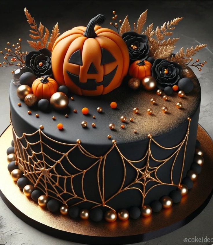 a halloween cake decorated with black and gold icing, pumpkins and flowers on top