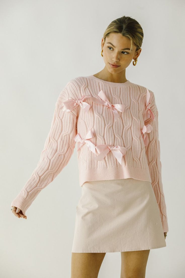 Top Sweater Cable Knit Long Sleeves Crew Neck Bow Detail Cute Pink Casual Outfits, Scandi Outfit, Baby Pink Sweater, Tie Sweater, Bow Sweater, Pretty Clothes, Ribbed Neckline, Midi Maxi Dress, Cable Knit Sweater