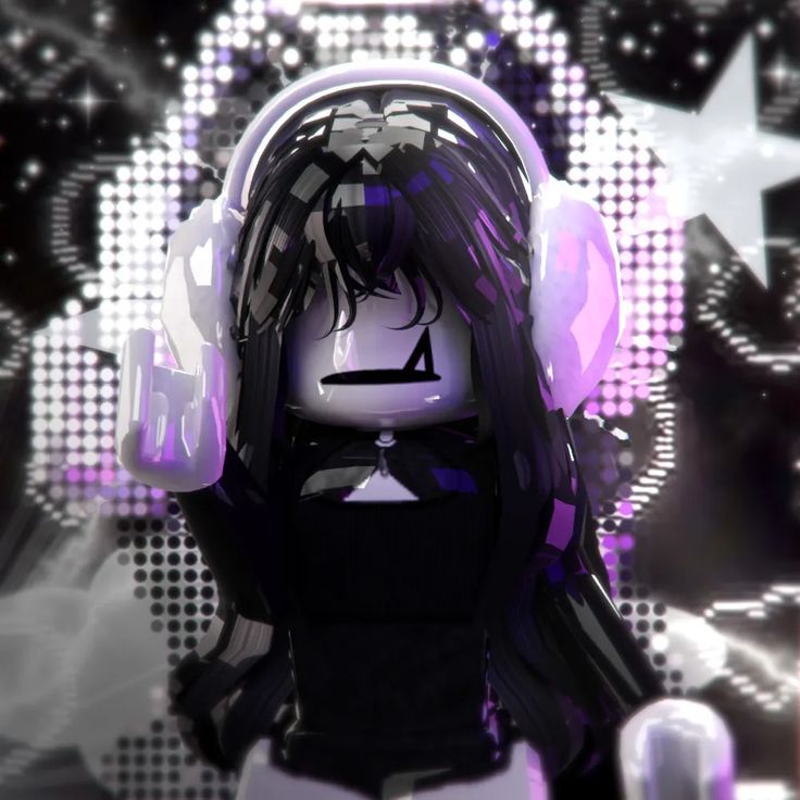 a girl with headphones on her ears in front of a background that has stars