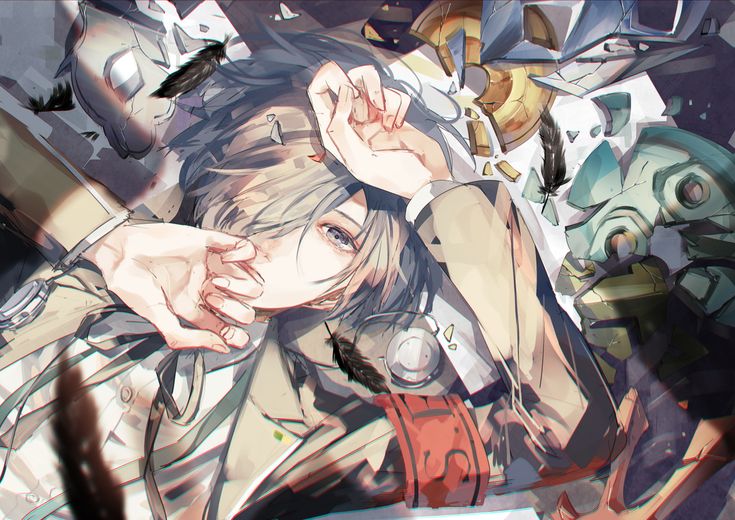 an anime character laying on the ground with other characters around her and holding their hands up