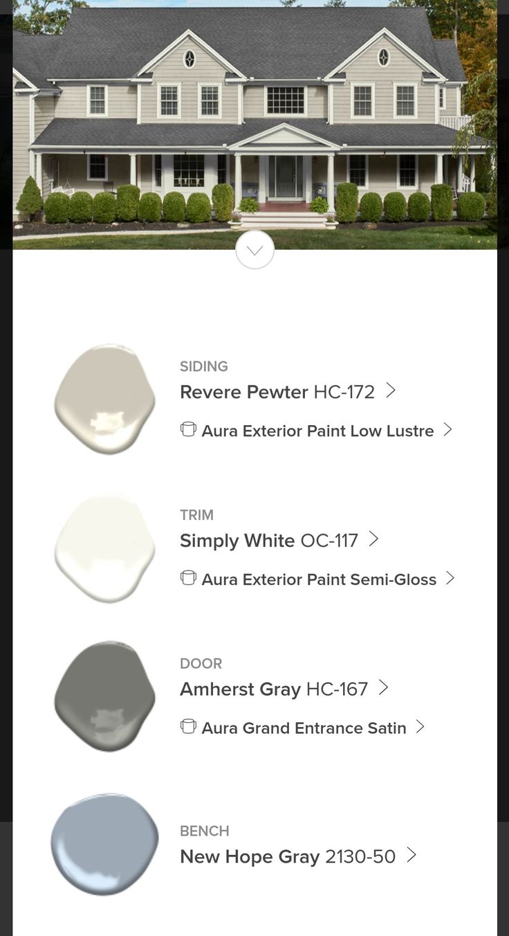 the exterior color scheme for a house with white trim and gray shingles on it