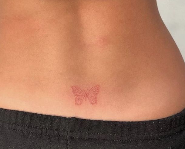 a woman's stomach with a small butterfly tattoo on the lower part of her abdomen