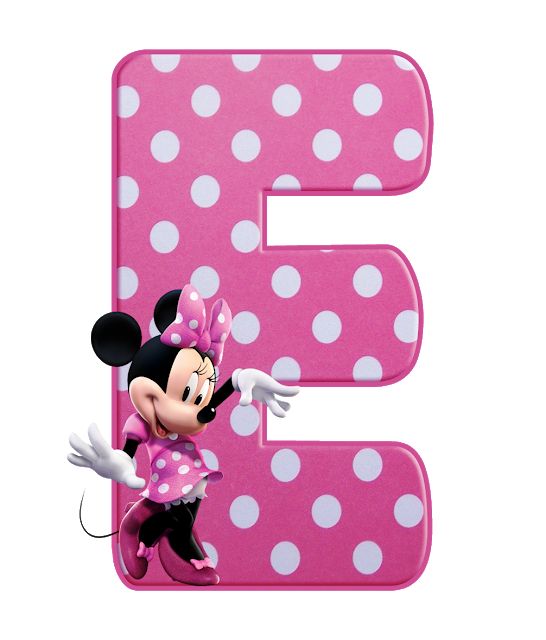 the letter e is for minnie mouse with polka dots on it and an image of mickey mouse