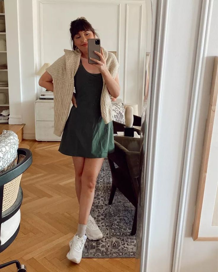 Exercise Dress Outfit Fall, Styling Exercise Dress, Tennis Shoes With Long Socks, Socks And Tennis Shoes Outfit, Quarter Socks Outfit, Sundress Sneakers Outfit, Activewear Dress Outfit, Athleisure Tennis Dress For Summer Gym, Summer Tennis Dresses In Athleisure Style