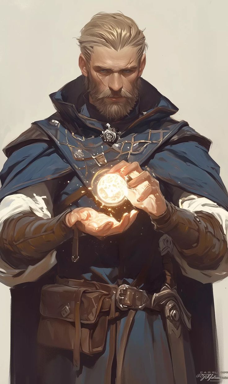 a man with a beard wearing a cape holding a glowing orb in one hand and looking down at the other